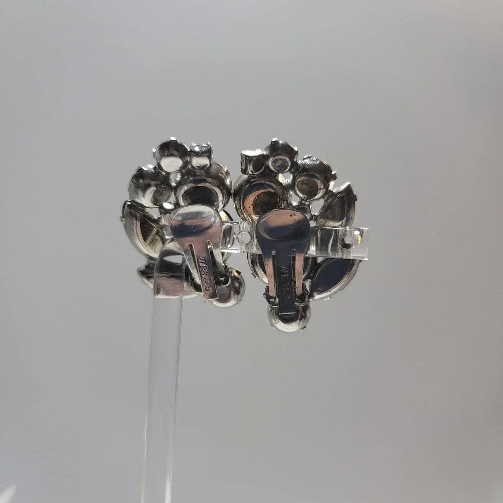 Vintage Weiss Blue Cabochon Rhinestone Clip‎ On Earrings Womens Silver Tone